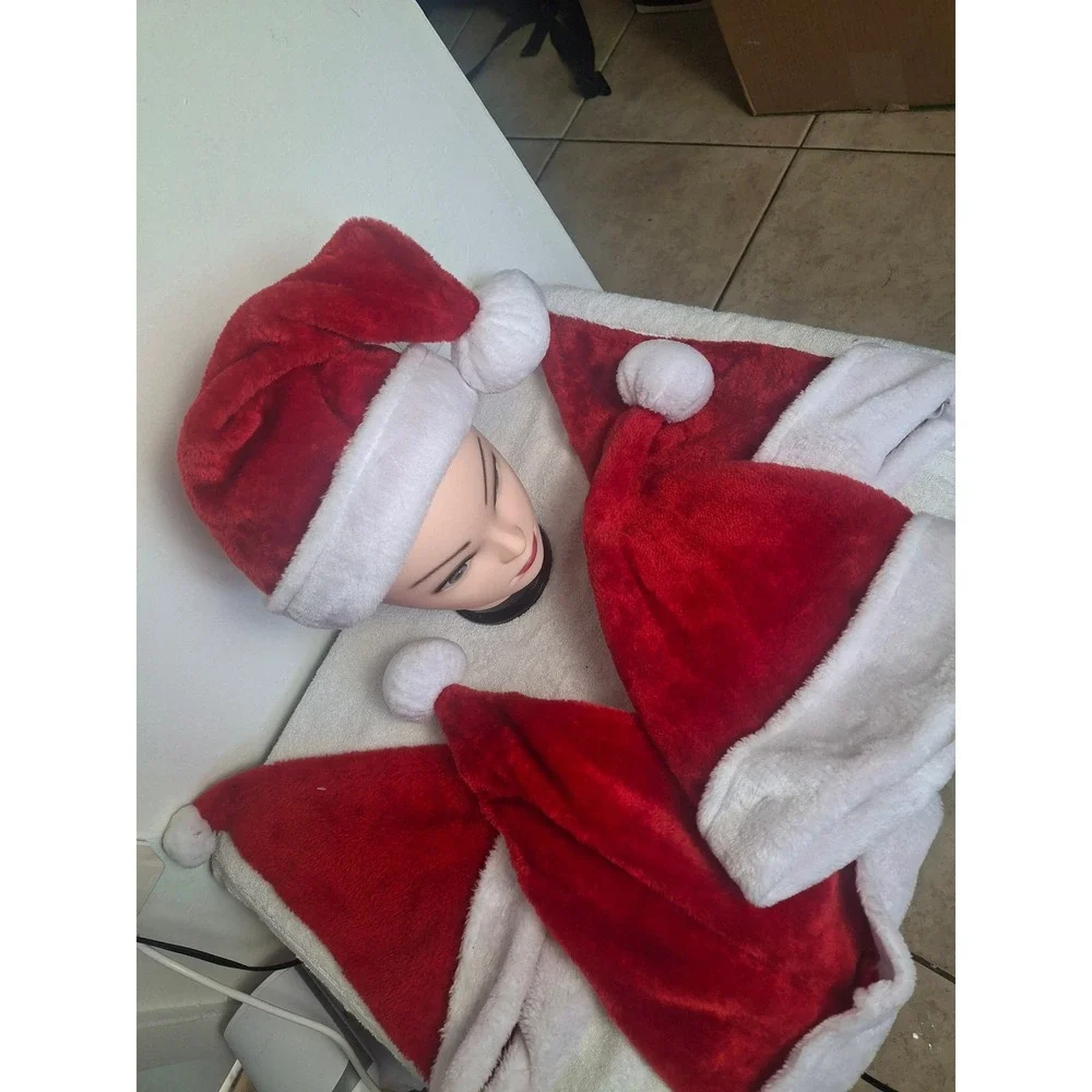 Lot of 5 Red Plush Santa Hats White Faux Fur Trim Christmas Holiday Party Decor